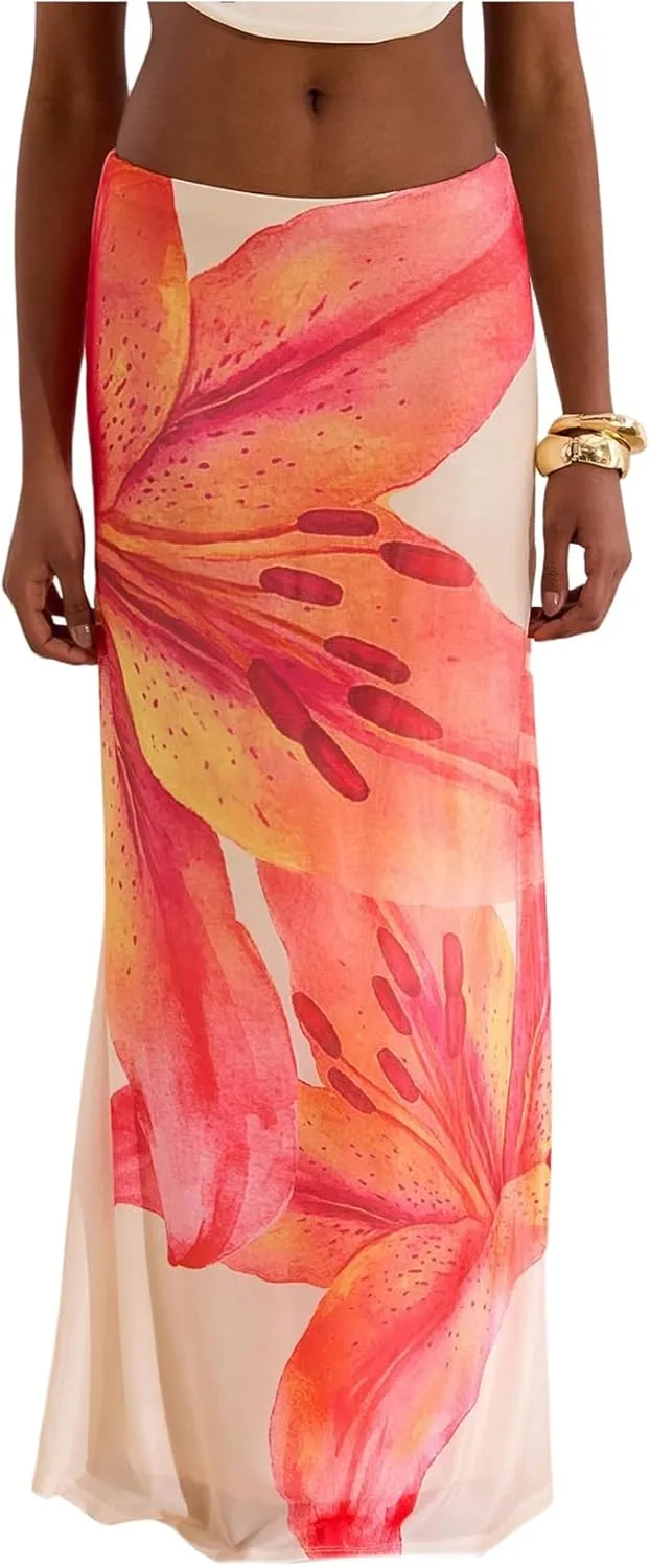 MakeMeChic Floral Maxi Skirt for Women 2025 Mesh Y2k Summer Beach Long Skirt