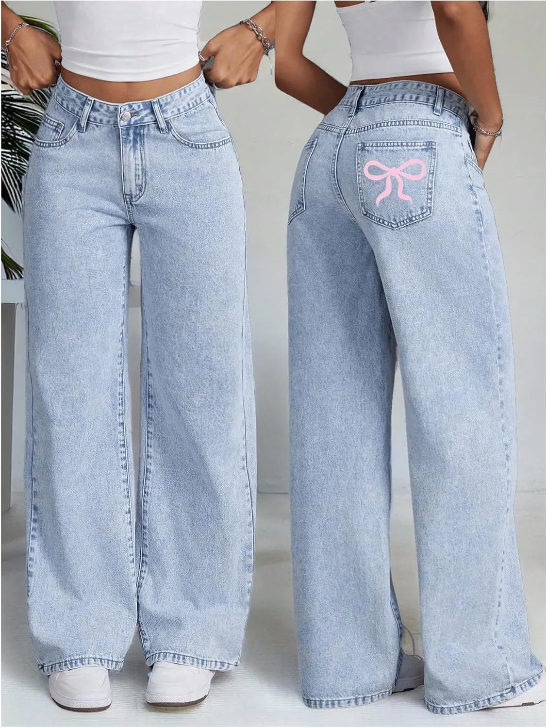 MakeMeChic Women's High Waist Denim Pants Bow Wide Leg Baggy Y2K Jeans Trousers with Pocket