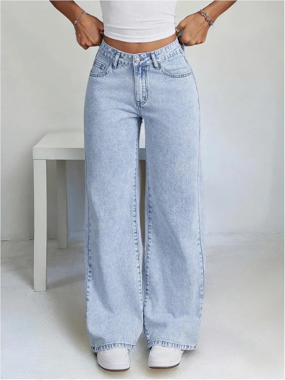 MakeMeChic Women's High Waist Denim Pants Bow Wide Leg Baggy Y2K Jeans Trousers with Pocket