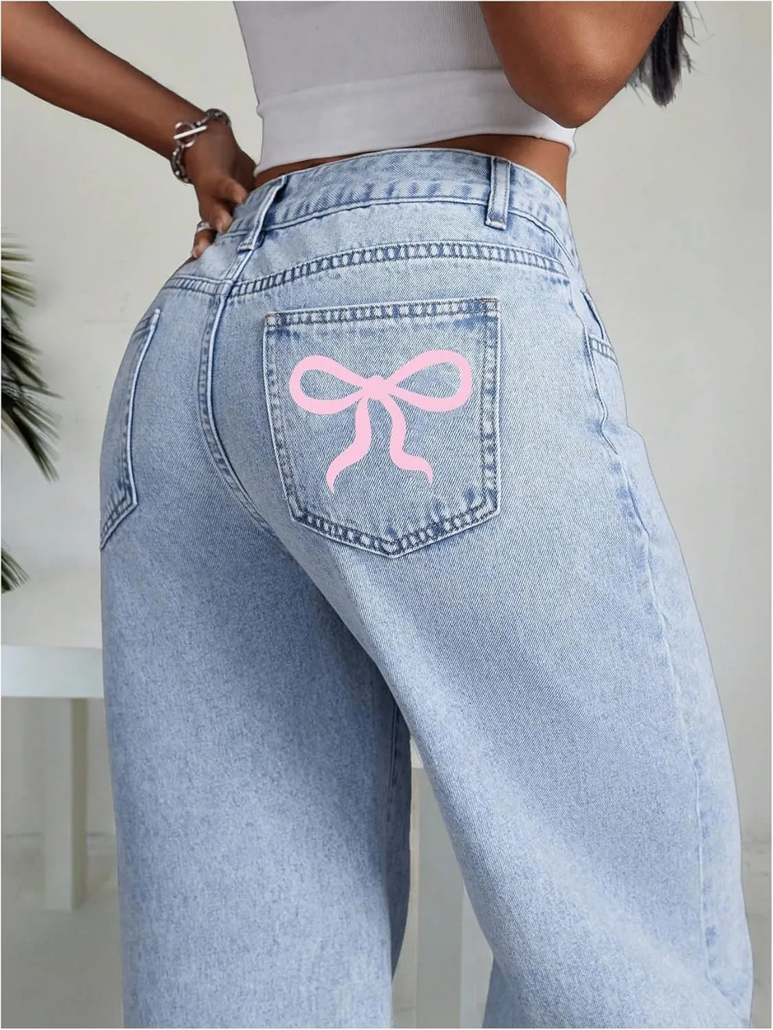 MakeMeChic Women's High Waist Denim Pants Bow Wide Leg Baggy Y2K Jeans Trousers with Pocket