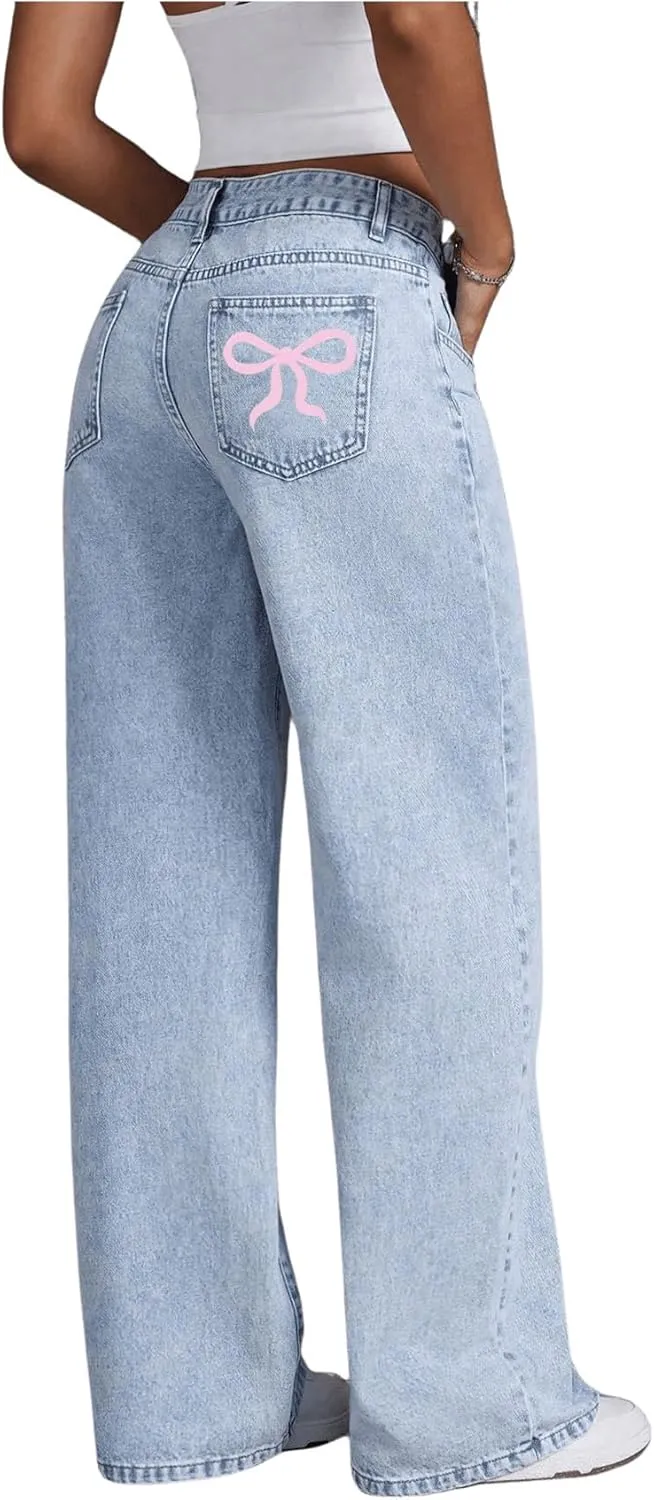 MakeMeChic Women's High Waist Denim Pants Bow Wide Leg Baggy Y2K Jeans Trousers with Pocket