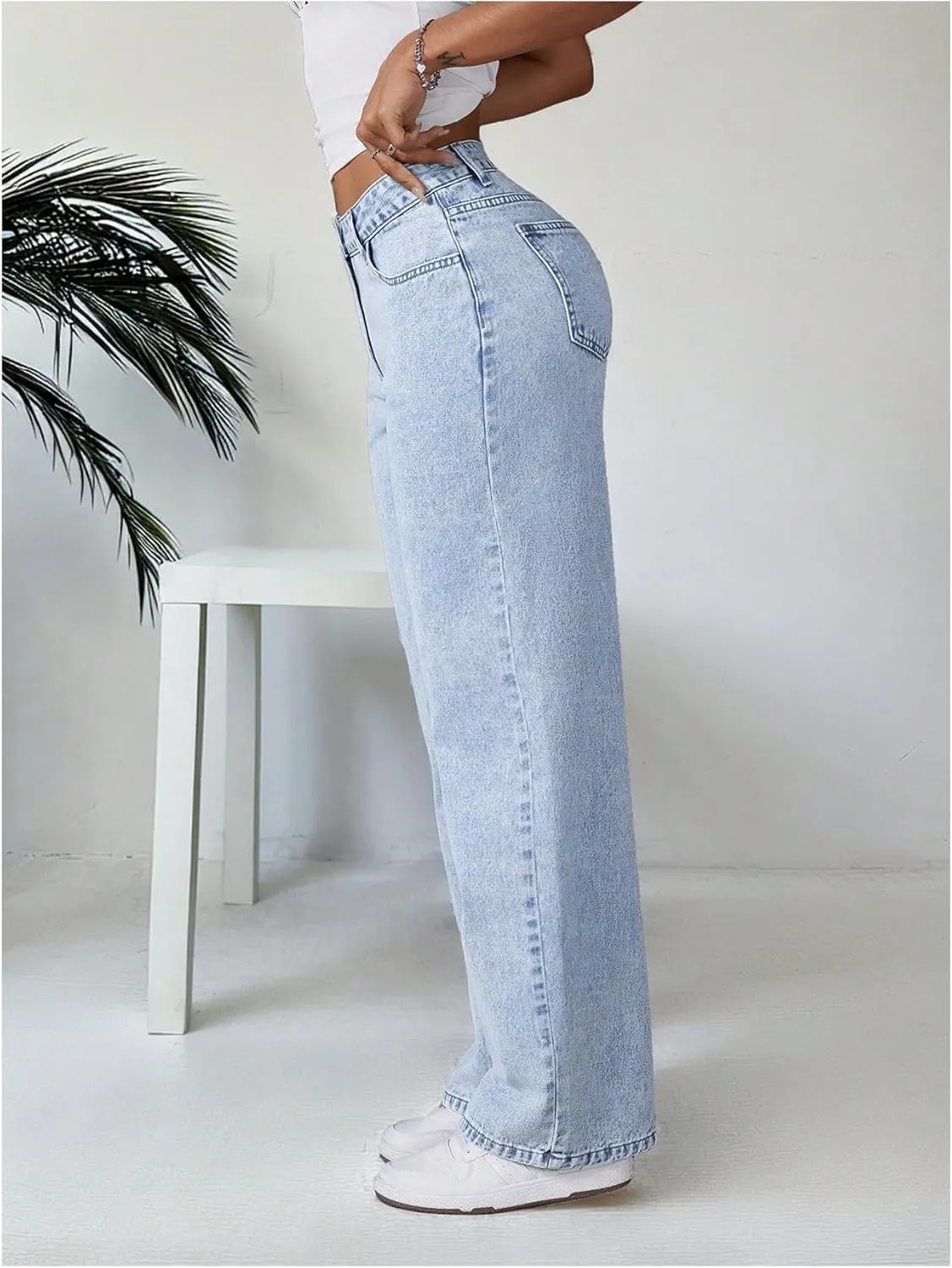 MakeMeChic Women's High Waist Denim Pants Bow Wide Leg Baggy Y2K Jeans Trousers with Pocket