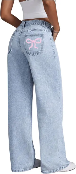 MakeMeChic Women's High Waist Denim Pants Bow Wide Leg Baggy Y2K Jeans Trousers with Pocket