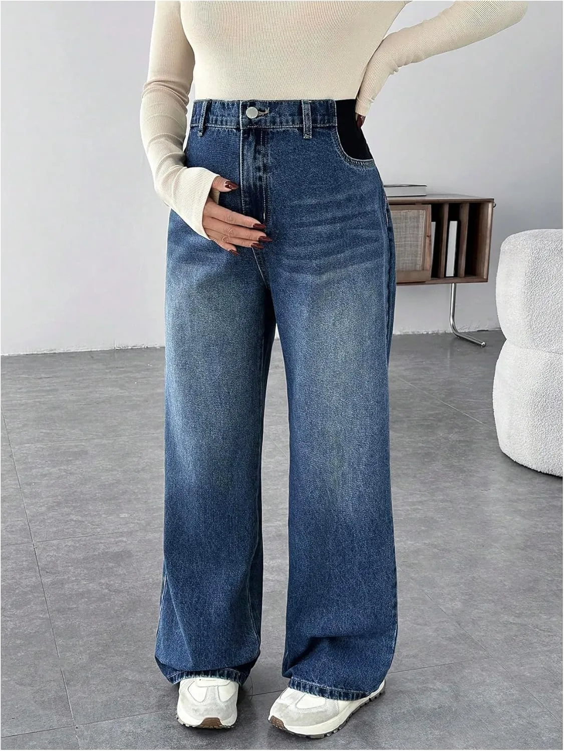 MakeMeChic Women's Maternity Denim Pants Over The Belly Wide Leg Straight Pregnancy Jeans