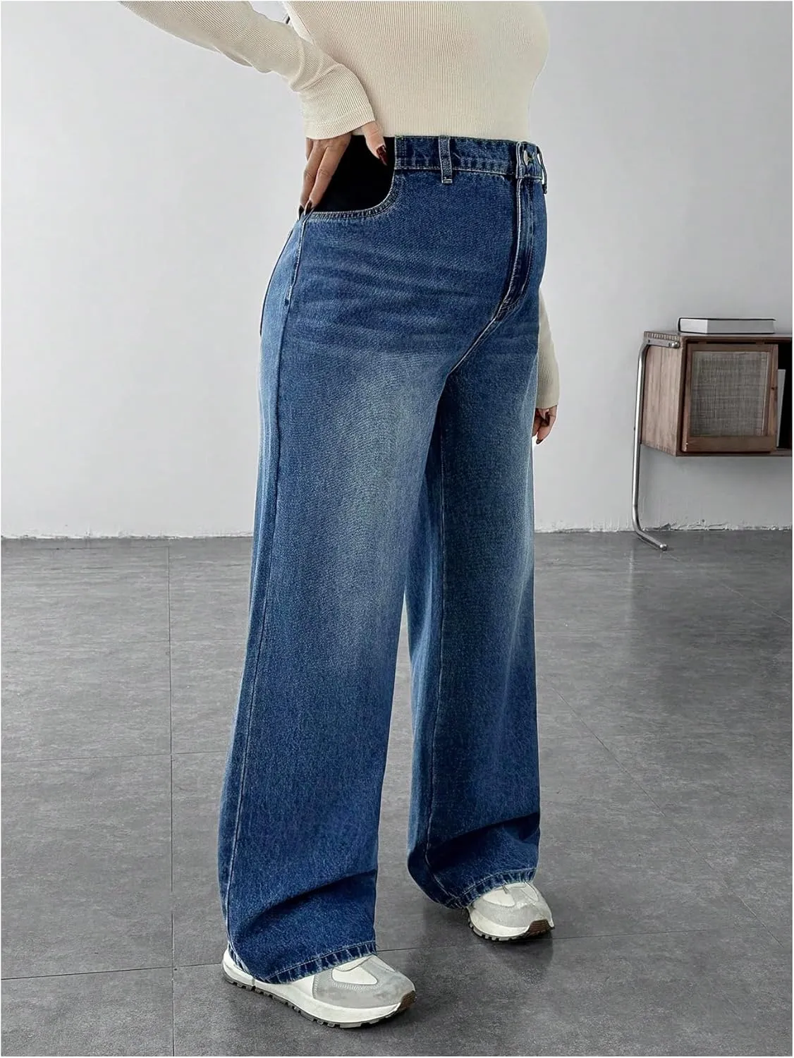 MakeMeChic Women's Maternity Denim Pants Over The Belly Wide Leg Straight Pregnancy Jeans