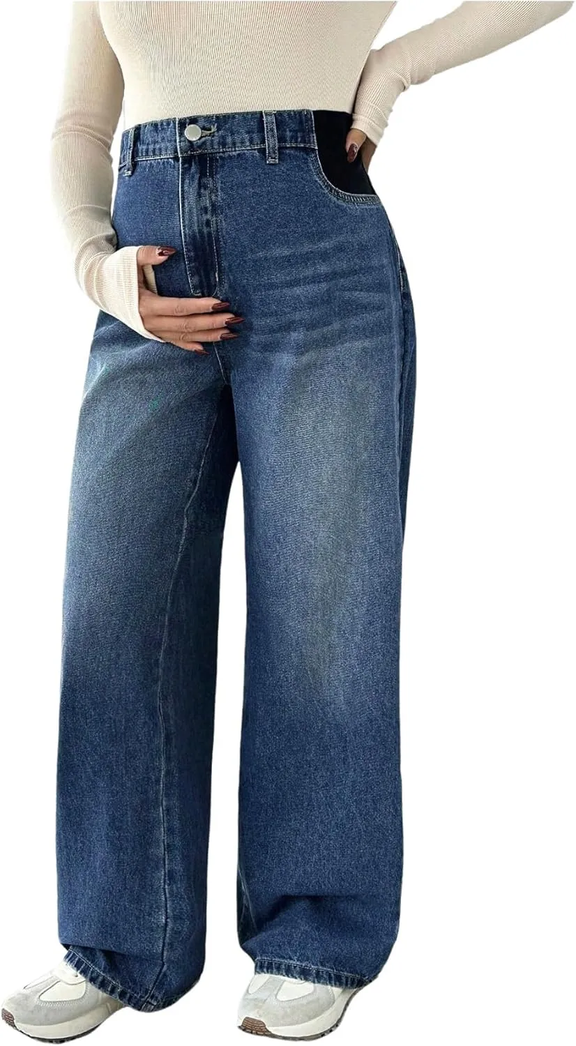 MakeMeChic Women's Maternity Denim Pants Over The Belly Wide Leg Straight Pregnancy Jeans