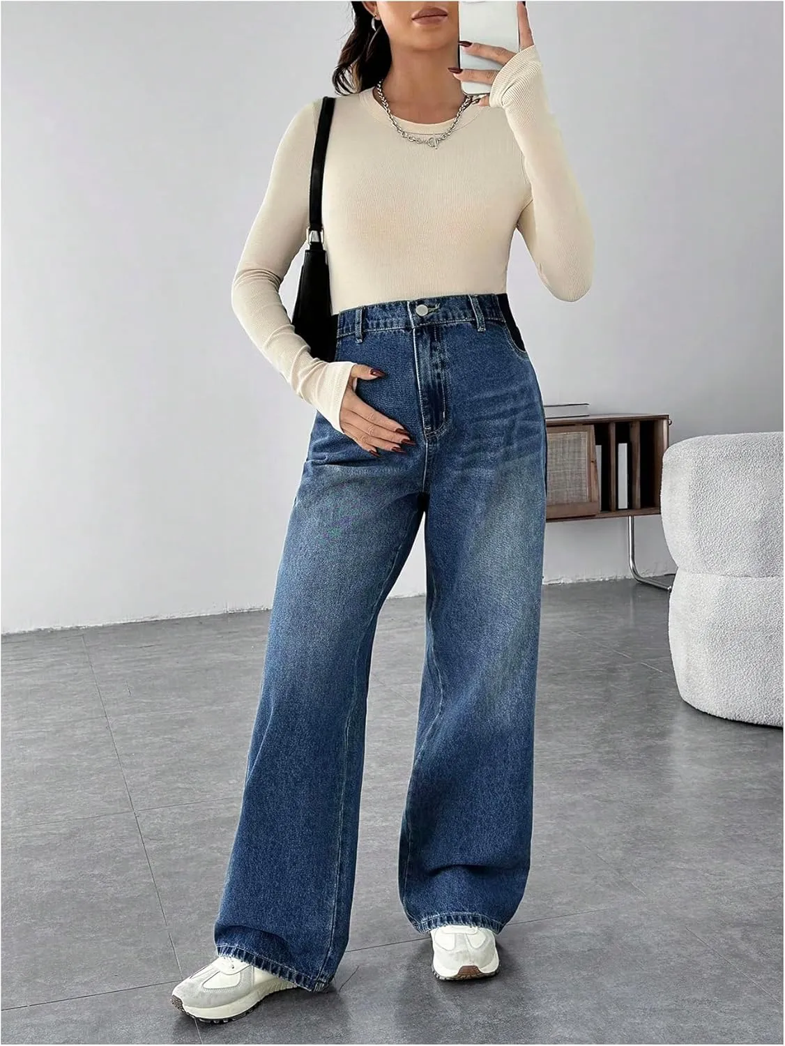 MakeMeChic Women's Maternity Denim Pants Over The Belly Wide Leg Straight Pregnancy Jeans