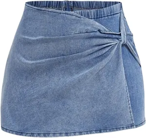 MakeMeChic Women's Plus Size Denim Shorts High Waist Ruched Mini Jean Skirt Skorts