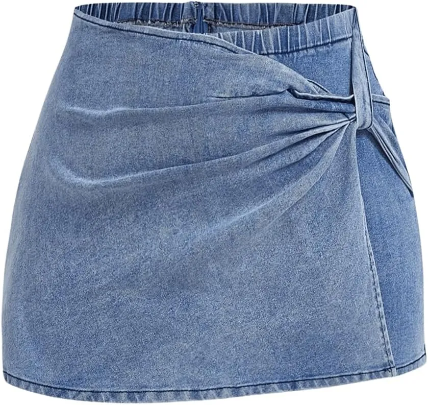 MakeMeChic Women's Plus Size Denim Shorts High Waist Ruched Mini Jean Skirt Skorts