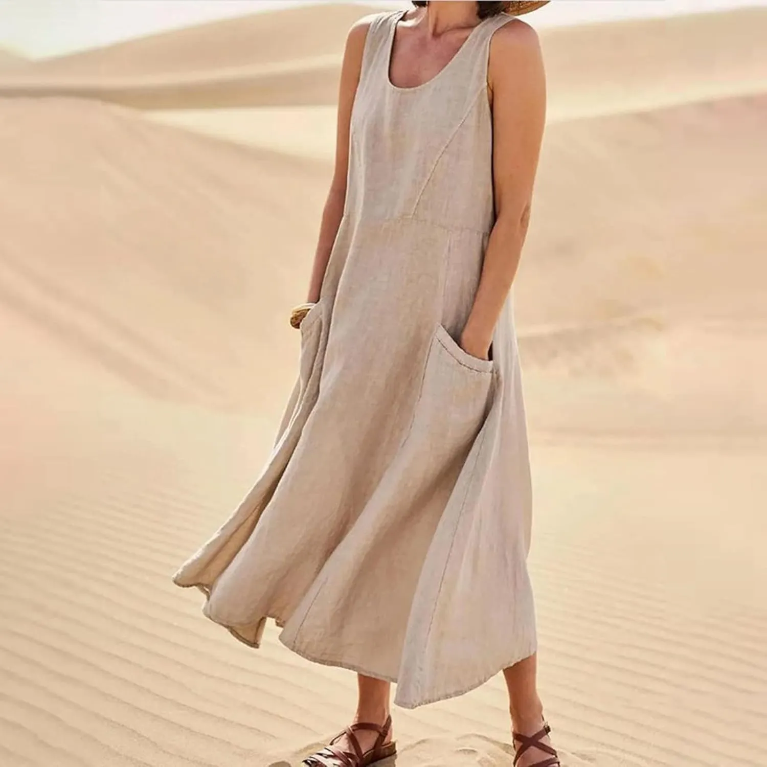 Maxi Dress for Women,2024 Summer Trendy Plain Plus Size Cotton Linen Dress,Casual Crewneck Sleeveless Flowy Sundress