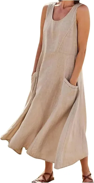 Maxi Dress for Women,2024 Summer Trendy Plain Plus Size Cotton Linen Dress,Casual Crewneck Sleeveless Flowy Sundress