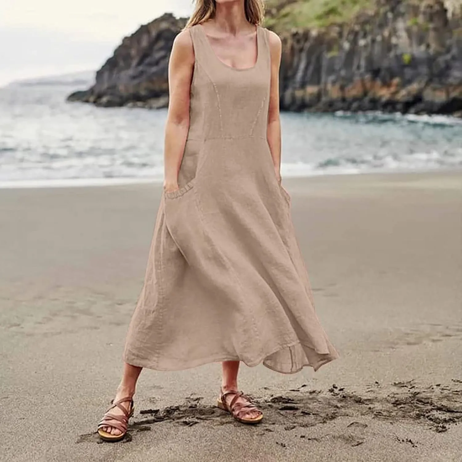 Maxi Dress for Women,2024 Summer Trendy Plain Plus Size Cotton Linen Dress,Casual Crewneck Sleeveless Flowy Sundress