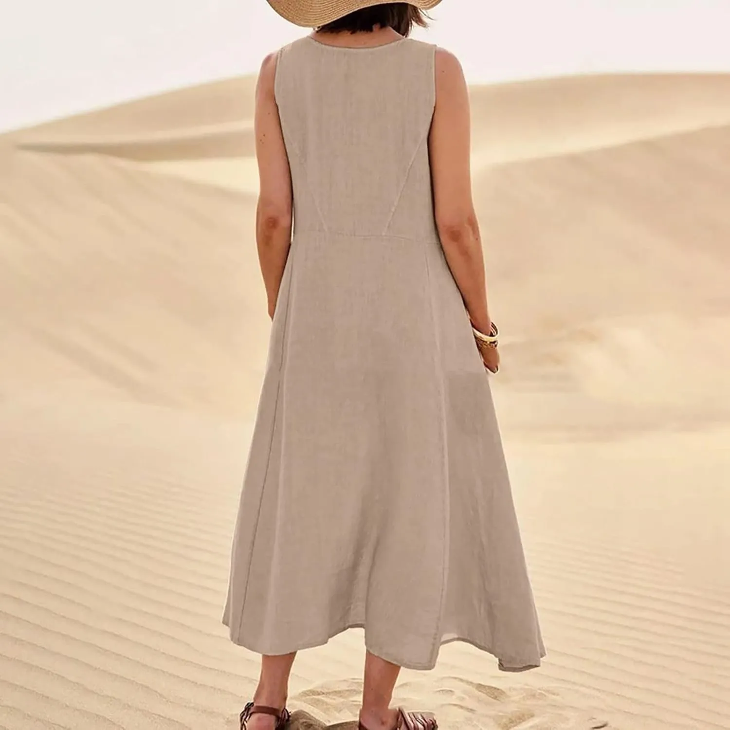 Maxi Dress for Women,2024 Summer Trendy Plain Plus Size Cotton Linen Dress,Casual Crewneck Sleeveless Flowy Sundress