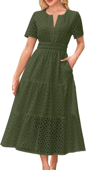 Maxi Dresses for Women 2025 Eyelet Summer Dress V Neck Short Sleeve Hollow Out A Line Flowy Beach Vacation Clothes