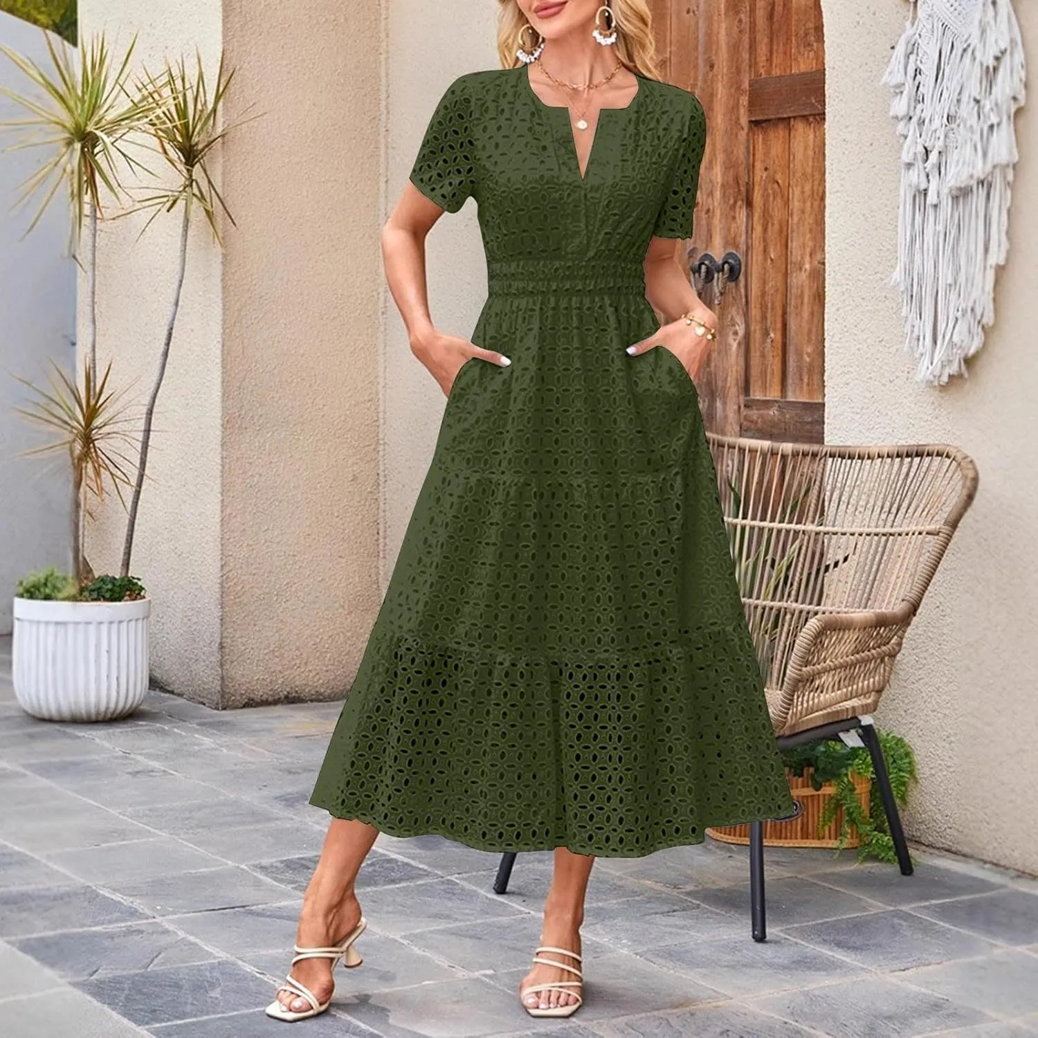 Maxi Dresses for Women 2025 Eyelet Summer Dress V Neck Short Sleeve Hollow Out A Line Flowy Beach Vacation Clothes