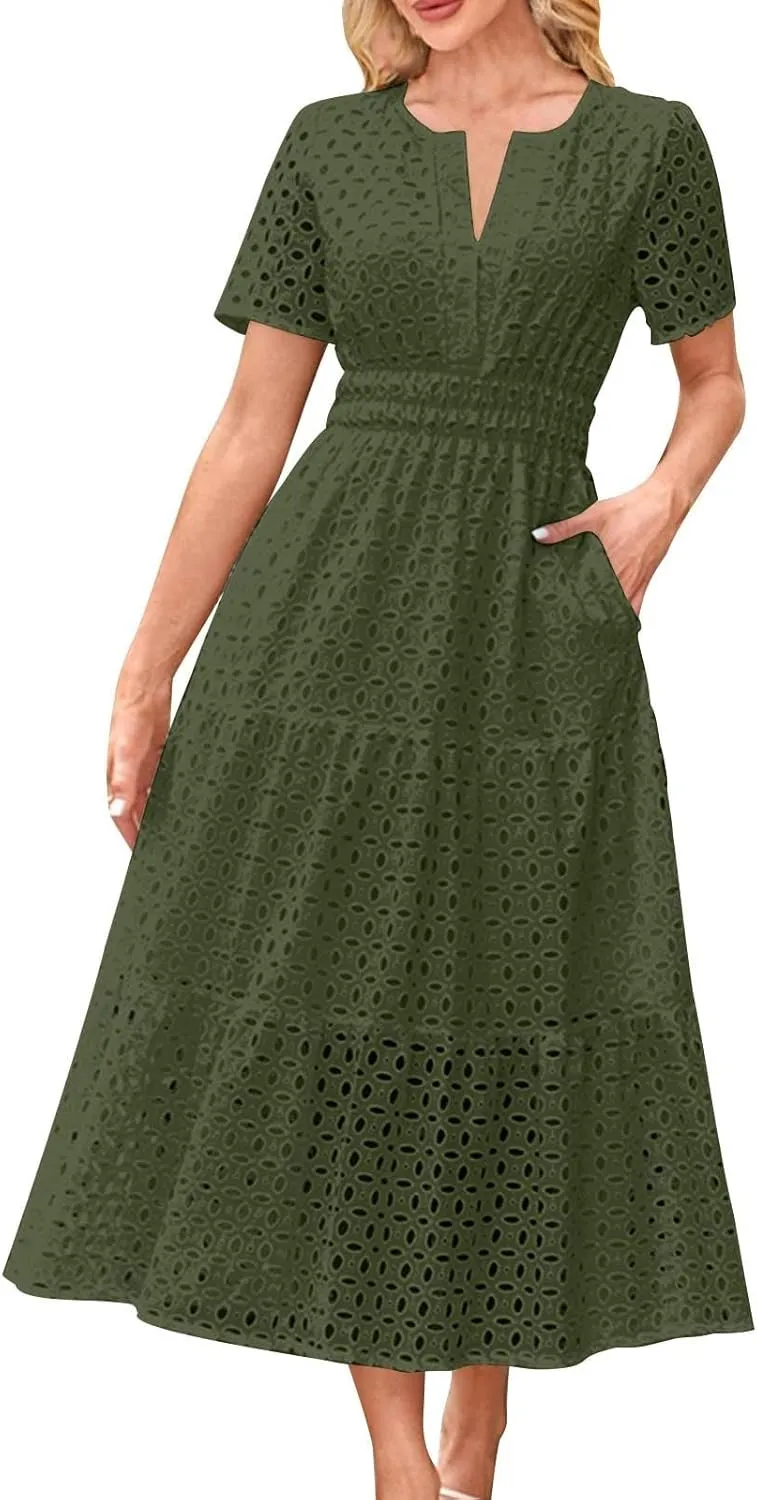 Maxi Dresses for Women 2025 Eyelet Summer Dress V Neck Short Sleeve Hollow Out A Line Flowy Beach Vacation Clothes