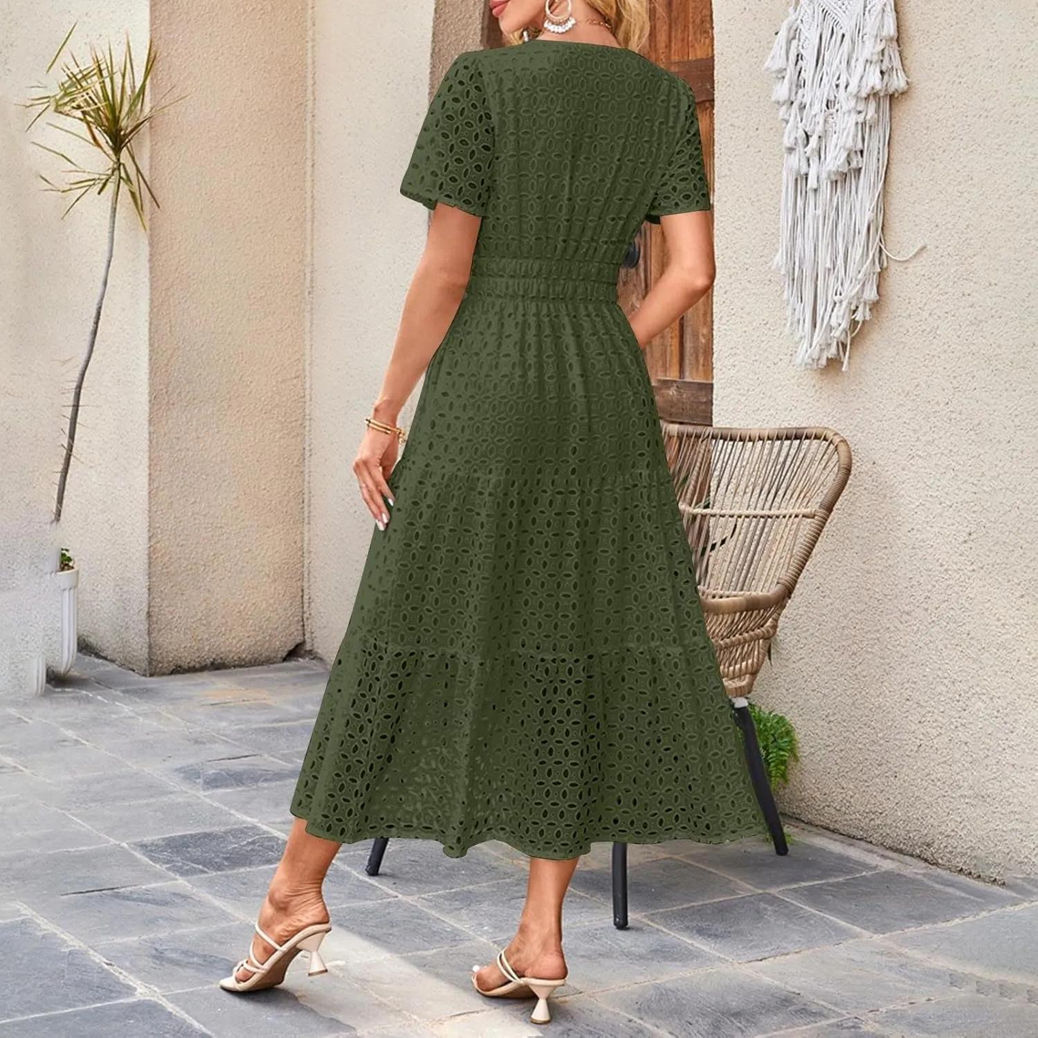 Maxi Dresses for Women 2025 Eyelet Summer Dress V Neck Short Sleeve Hollow Out A Line Flowy Beach Vacation Clothes