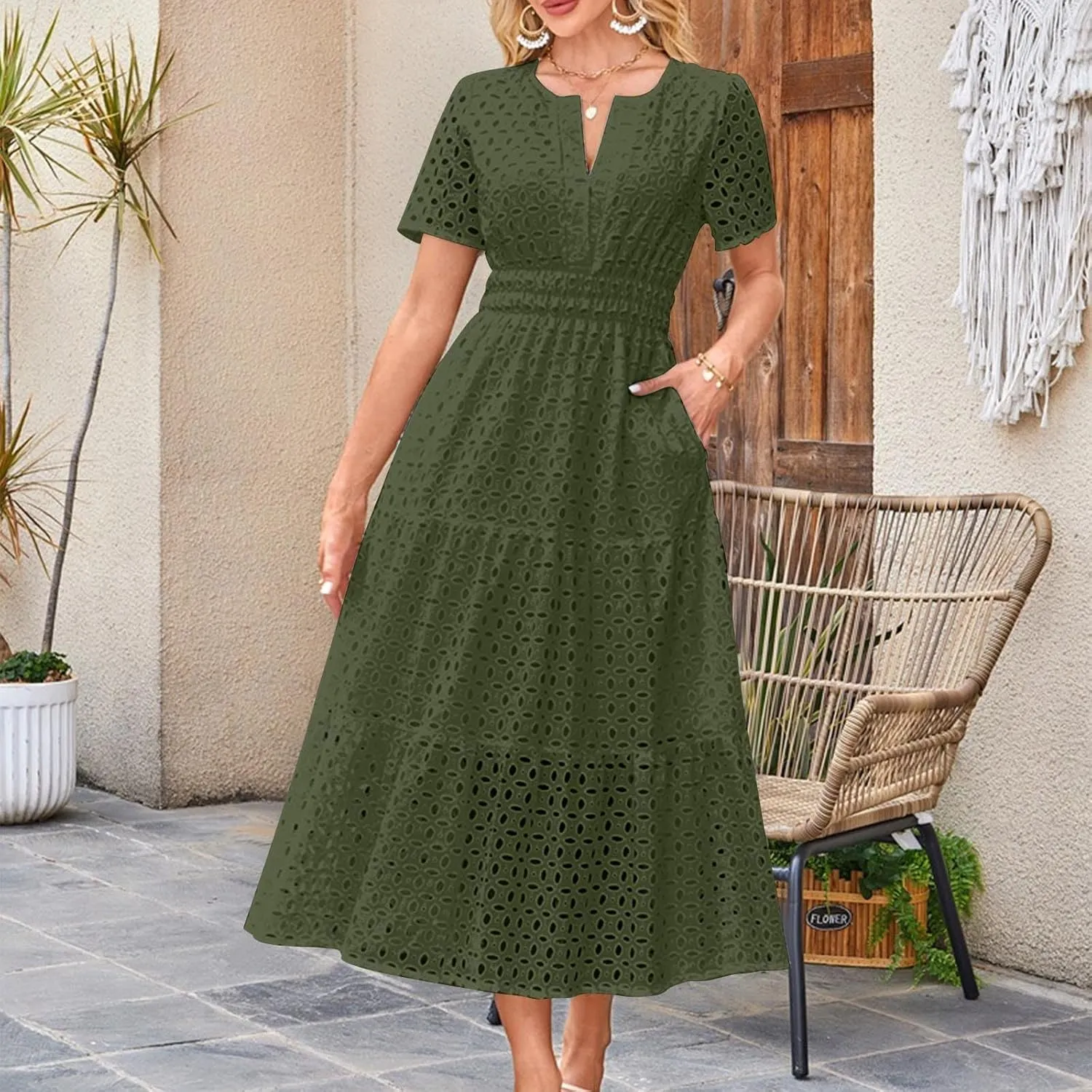Maxi Dresses for Women 2025 Eyelet Summer Dress V Neck Short Sleeve Hollow Out A Line Flowy Beach Vacation Clothes