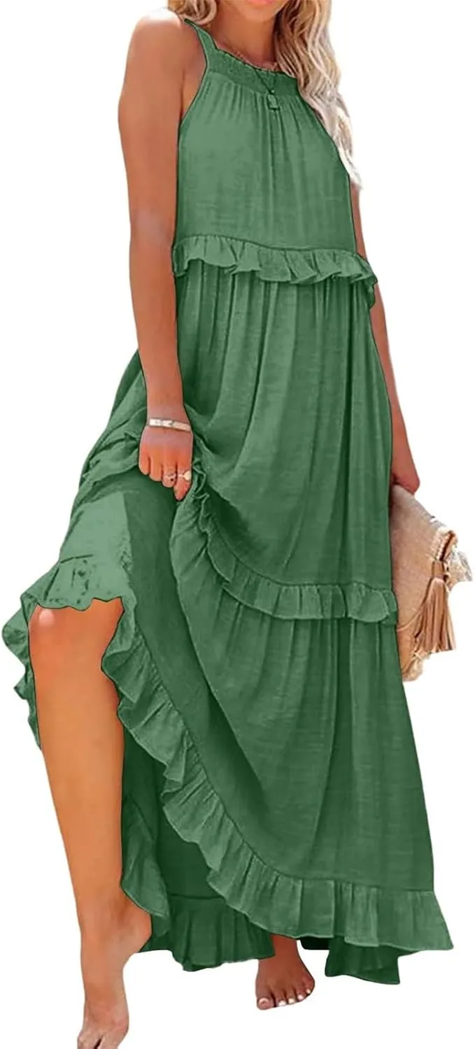 Maxi Dresses for Women 2025 Summer Smocked Ruffle Sundress Tiered Beach Dress Flowy Halter Sleeveless Long Dress