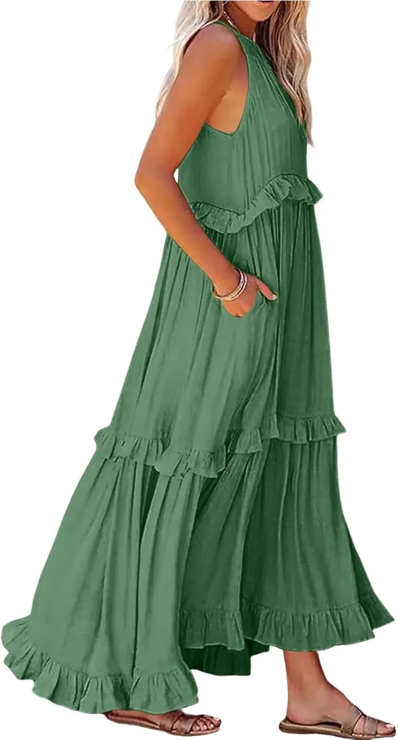 Maxi Dresses for Women 2025 Summer Smocked Ruffle Sundress Tiered Beach Dress Flowy Halter Sleeveless Long Dress