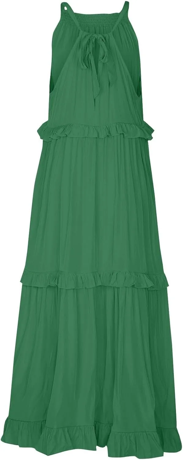 Maxi Dresses for Women 2025 Summer Smocked Ruffle Sundress Tiered Beach Dress Flowy Halter Sleeveless Long Dress