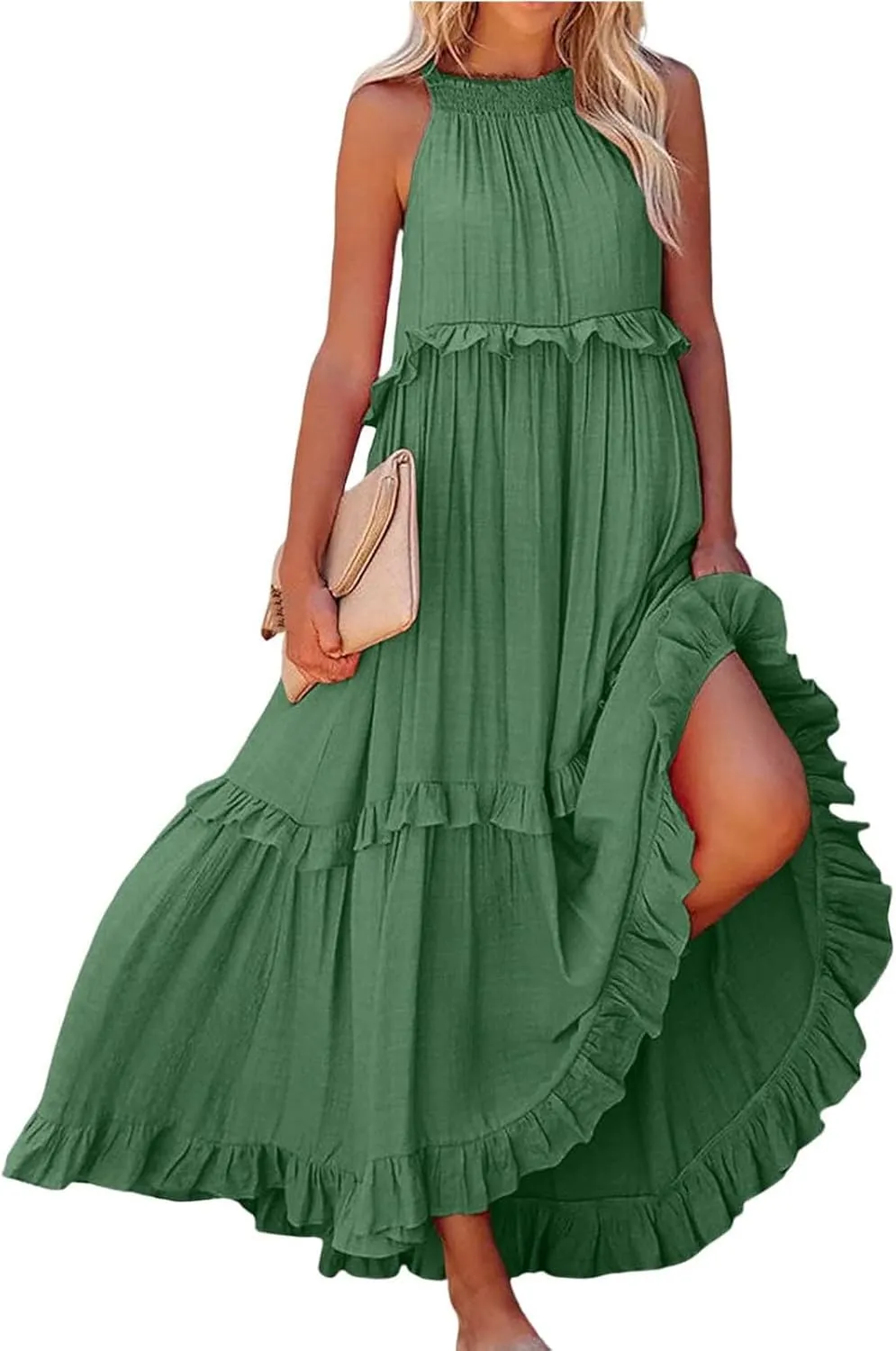 Maxi Dresses for Women 2025 Summer Smocked Ruffle Sundress Tiered Beach Dress Flowy Halter Sleeveless Long Dress