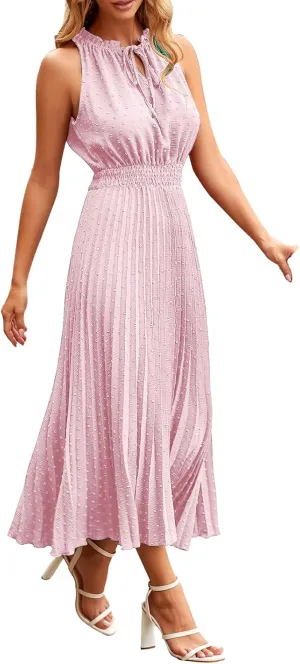 Maxi Dresses for Women Halter Neck Swiss Dot Ruffle Sleeveless Dresses A Line Flowy Beach Vacation Long Dress