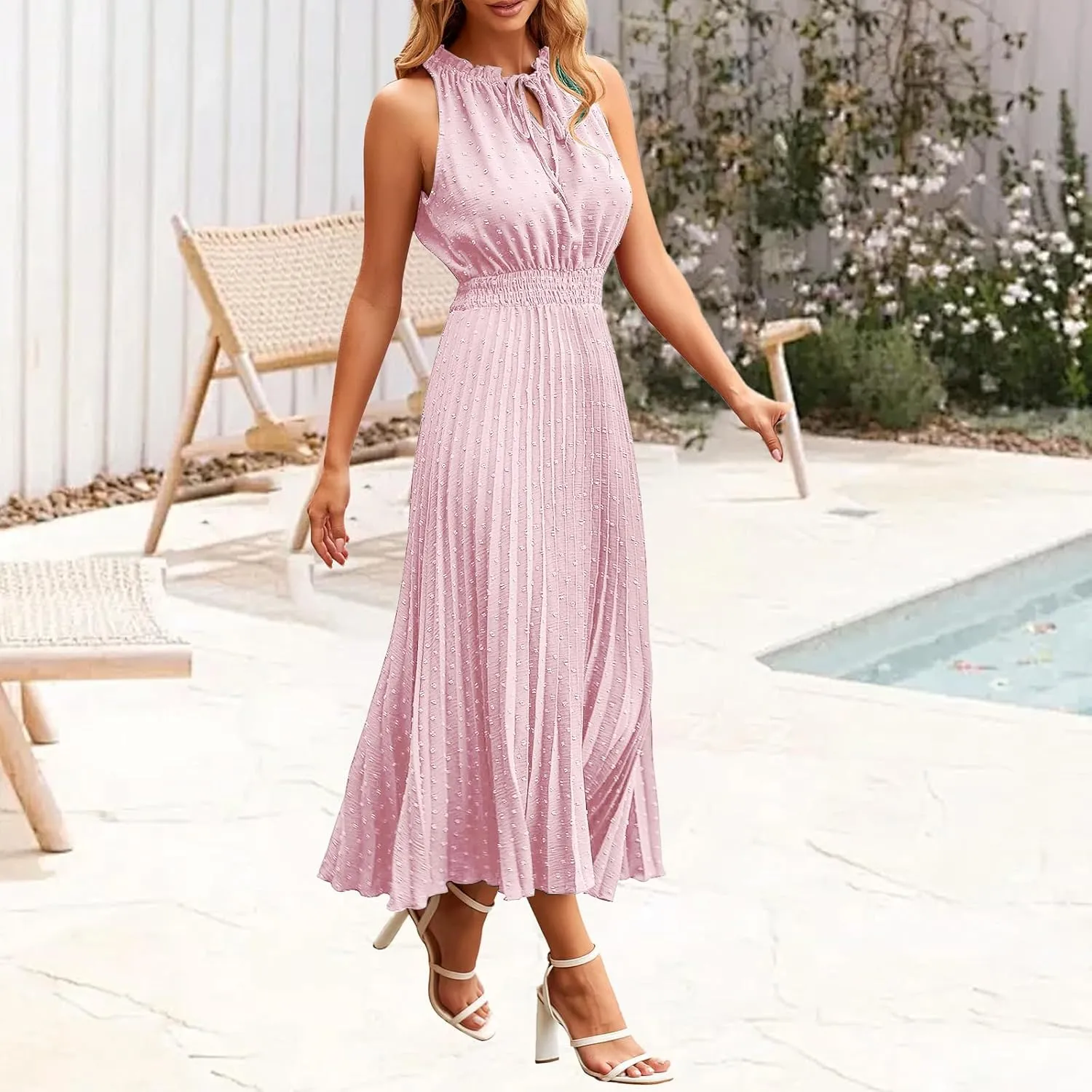 Maxi Dresses for Women Halter Neck Swiss Dot Ruffle Sleeveless Dresses A Line Flowy Beach Vacation Long Dress