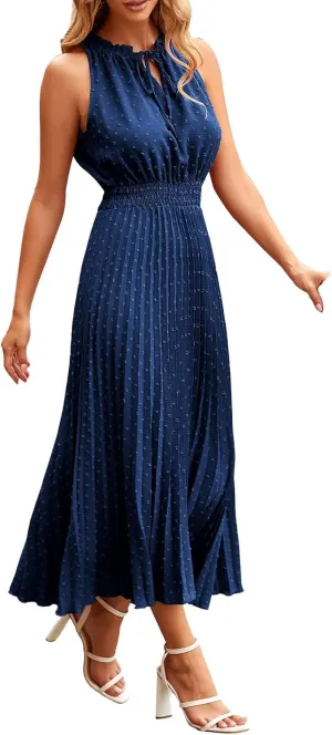Maxi Dresses for Women Halter Neck Swiss Dot Ruffle Sleeveless Dresses A Line Flowy Beach Vacation Long Dress