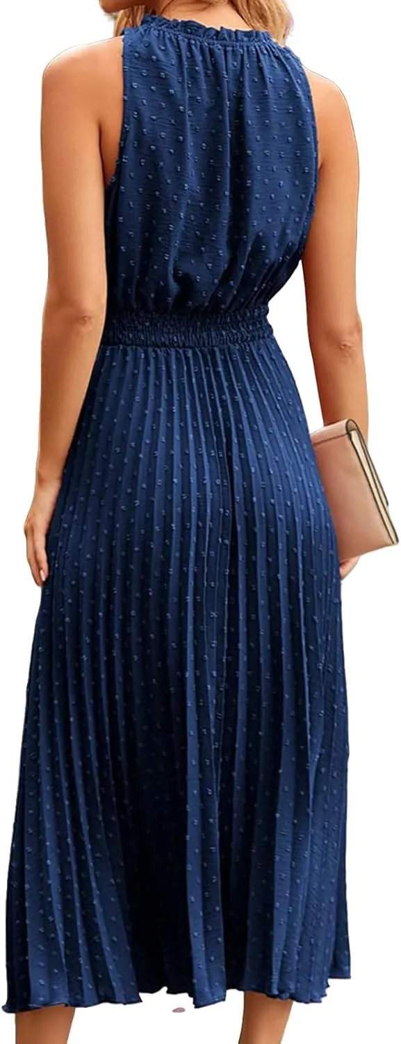 Maxi Dresses for Women Halter Neck Swiss Dot Ruffle Sleeveless Dresses A Line Flowy Beach Vacation Long Dress