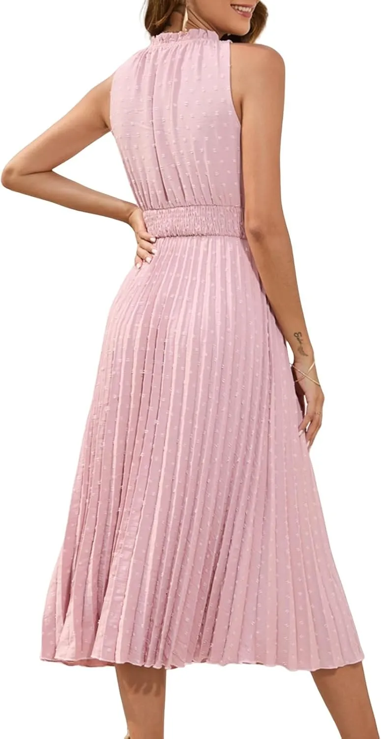 Maxi Dresses for Women Halter Neck Swiss Dot Ruffle Sleeveless Dresses A Line Flowy Beach Vacation Long Dress