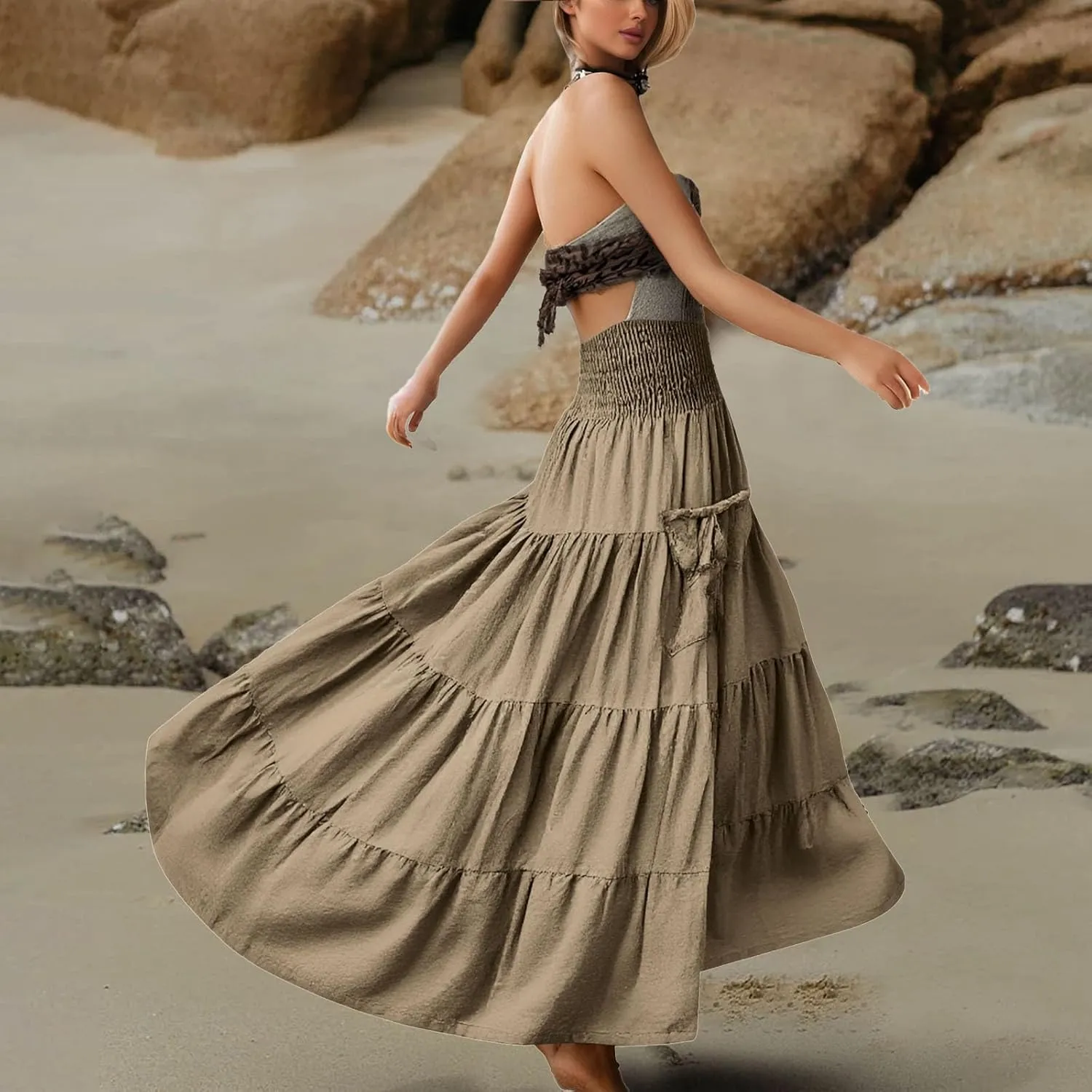 Maxi Skirt for Women Elastic Wrap Waist Beach Flowy Long Skirts with Pockets Casual Boho Ruched A-Line Dress