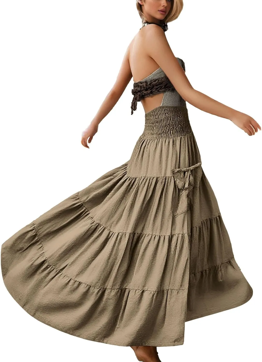 Maxi Skirt for Women Elastic Wrap Waist Beach Flowy Long Skirts with Pockets Casual Boho Ruched A-Line Dress