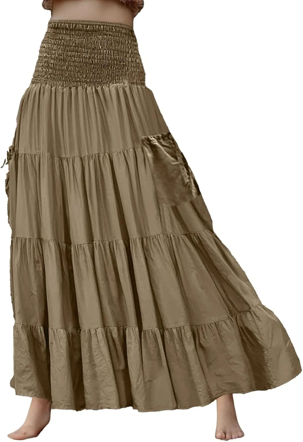 Maxi Skirt for Women Elastic Wrap Waist Beach Flowy Long Skirts with Pockets Casual Boho Ruched A-Line Dress