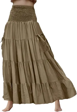 Maxi Skirt for Women Elastic Wrap Waist Beach Flowy Long Skirts with Pockets Casual Boho Ruched A-Line Dress