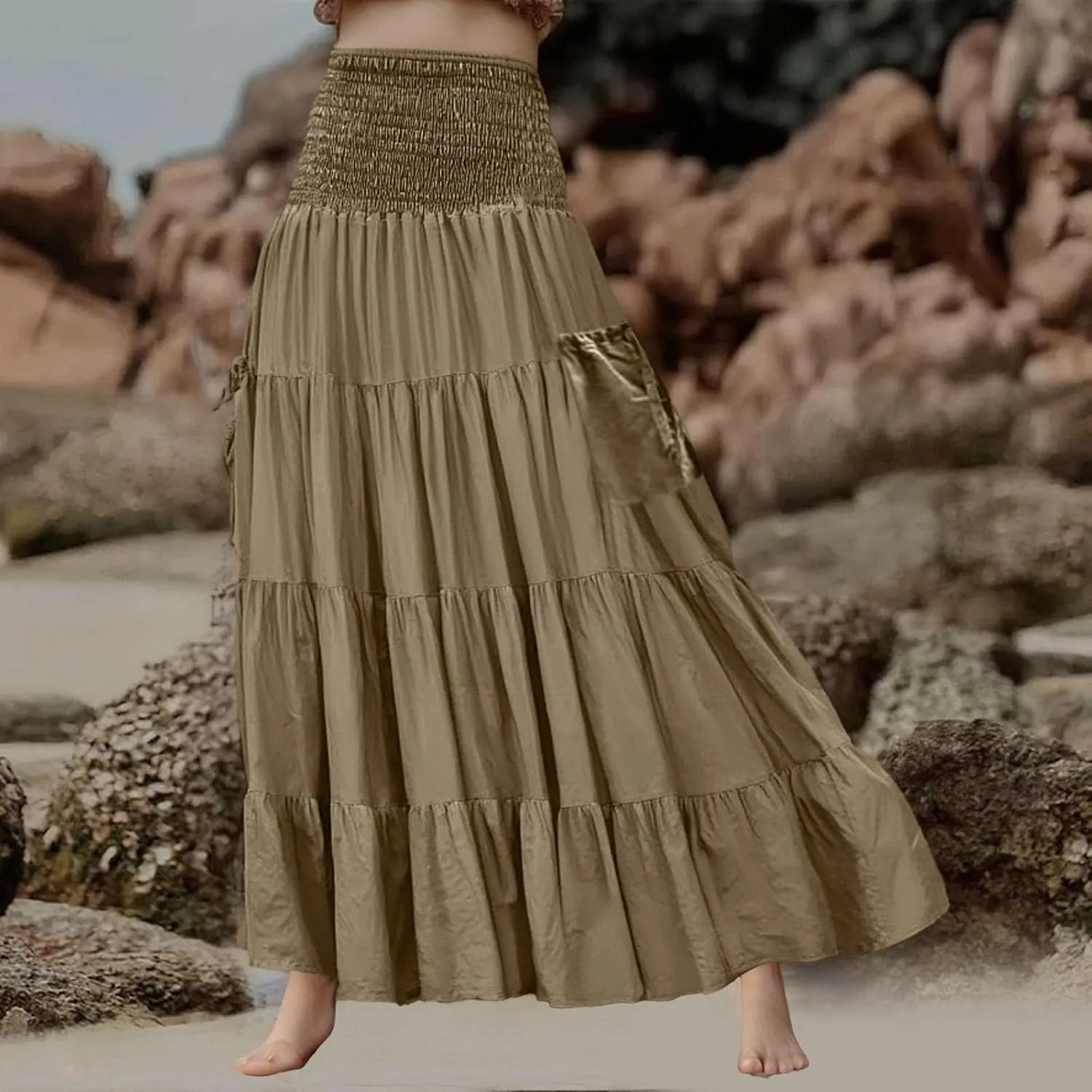 Maxi Skirt for Women Elastic Wrap Waist Beach Flowy Long Skirts with Pockets Casual Boho Ruched A-Line Dress