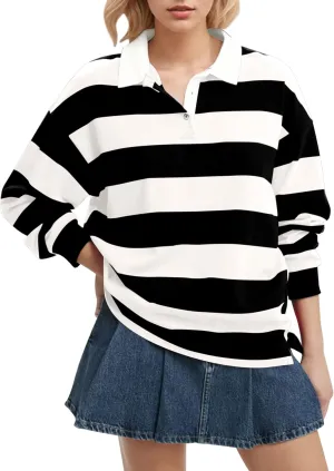 Meladyan Womens Oversized Striped Polo Sweatshirt Long Sleeve V Neck Lapel Collared Polo Shirts 2024 Fall Fashion Clothing
