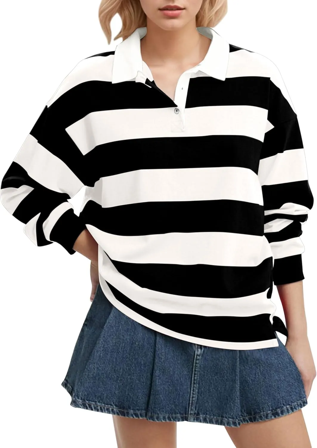 Meladyan Womens Oversized Striped Polo Sweatshirt Long Sleeve V Neck Lapel Collared Polo Shirts 2024 Fall Fashion Clothing