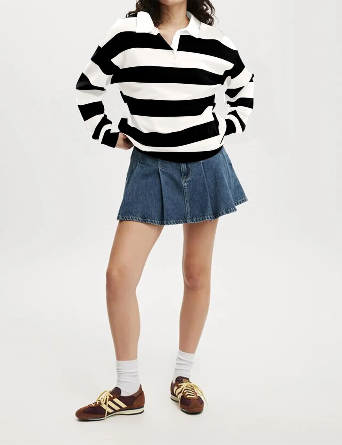 Meladyan Womens Oversized Striped Polo Sweatshirt Long Sleeve V Neck Lapel Collared Polo Shirts 2024 Fall Fashion Clothing
