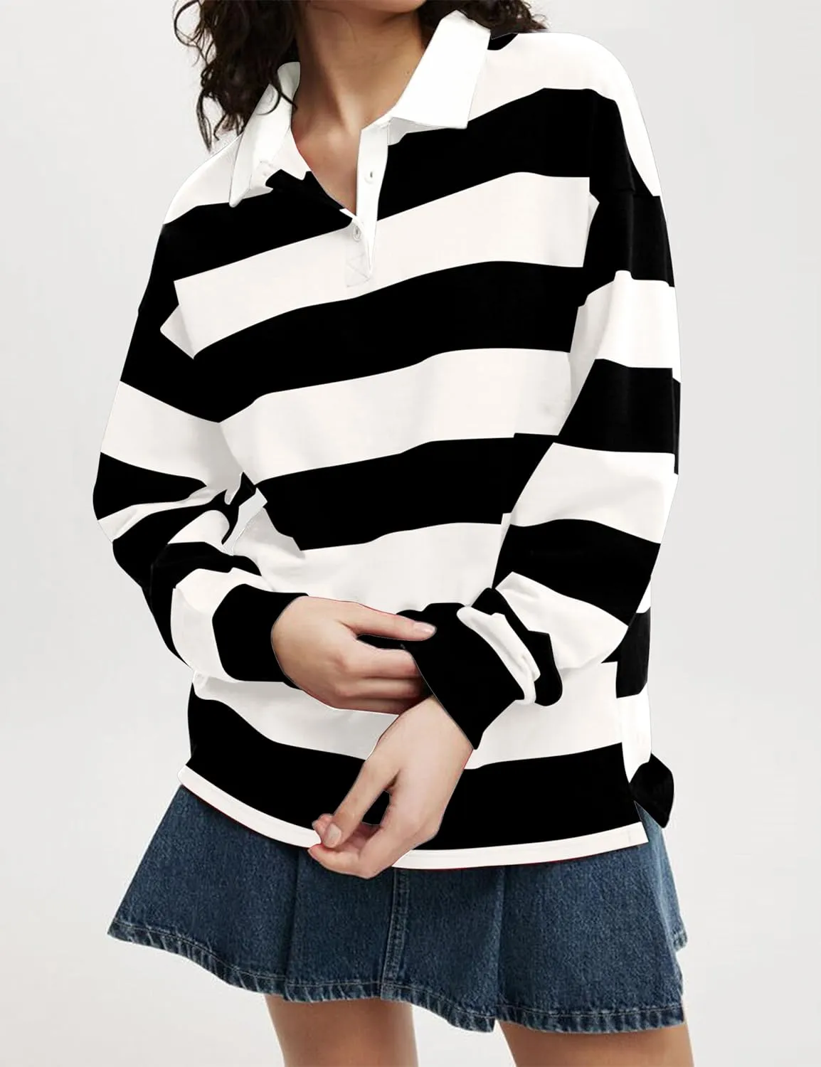 Meladyan Womens Oversized Striped Polo Sweatshirt Long Sleeve V Neck Lapel Collared Polo Shirts 2024 Fall Fashion Clothing