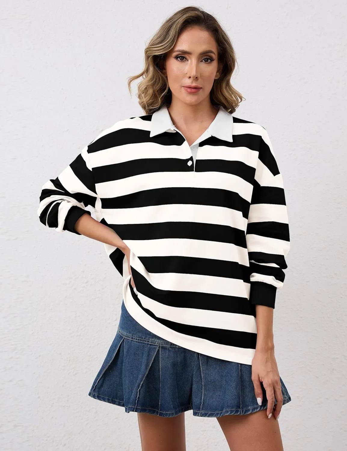 Meladyan Womens Oversized Striped Polo Sweatshirt Long Sleeve V Neck Lapel Collared Polo Shirts 2024 Fall Fashion Clothing