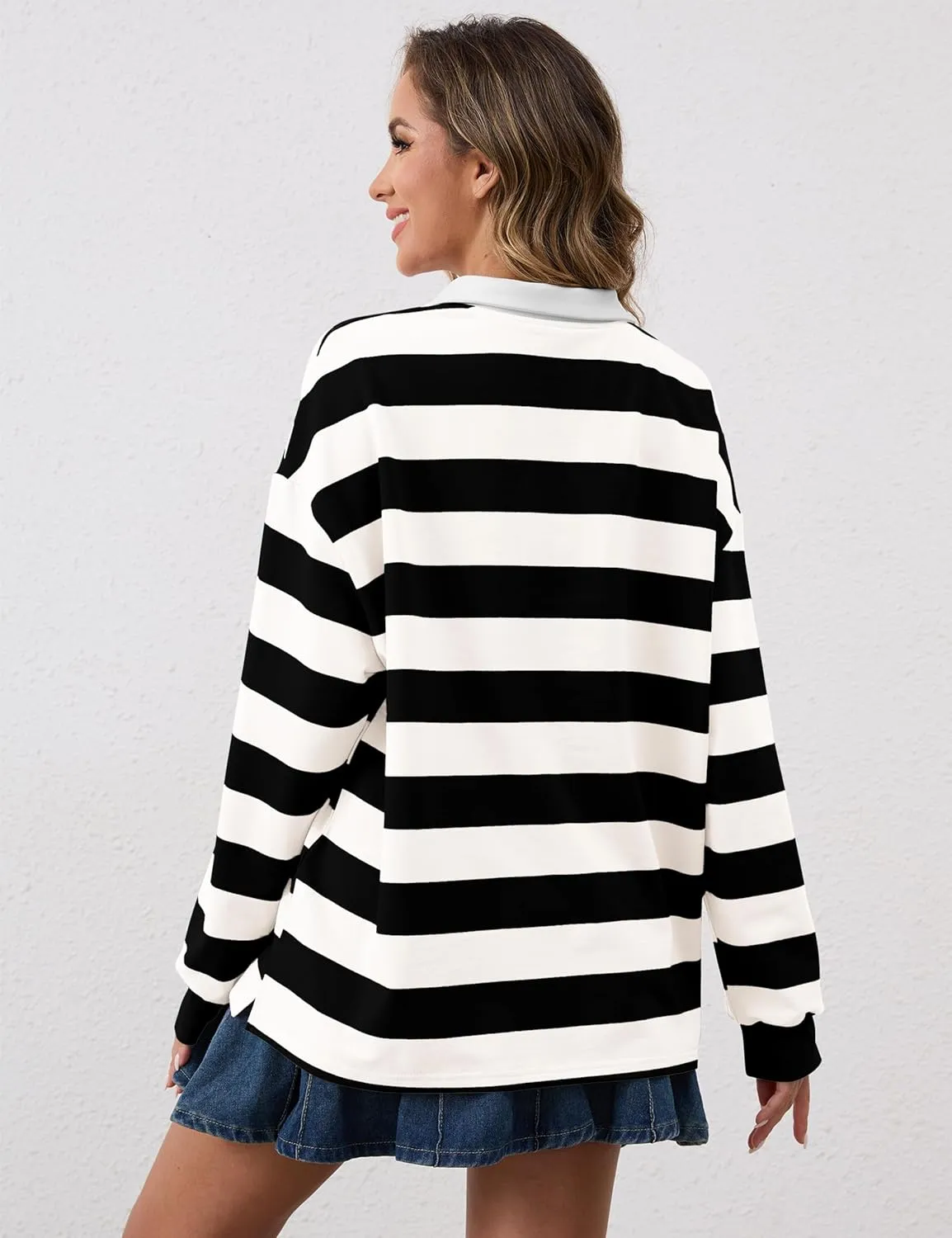 Meladyan Womens Oversized Striped Polo Sweatshirt Long Sleeve V Neck Lapel Collared Polo Shirts 2024 Fall Fashion Clothing