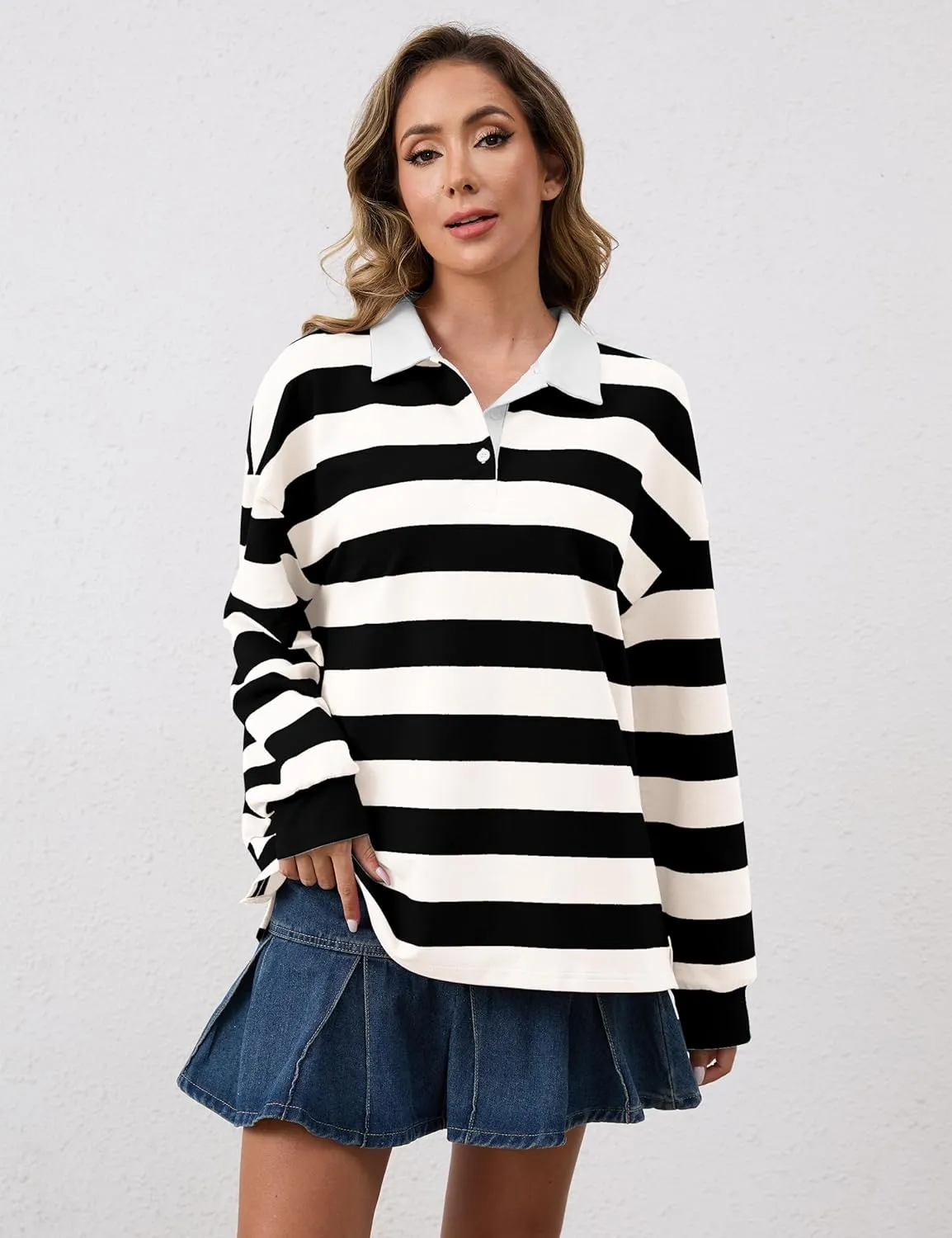 Meladyan Womens Oversized Striped Polo Sweatshirt Long Sleeve V Neck Lapel Collared Polo Shirts 2024 Fall Fashion Clothing
