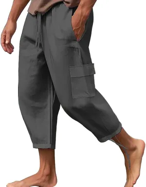 Men Work Cargo Pants Men's Linen Hip Hop Multi Pocket Loose Casual Outdoor Daily Elastic Waist Pantalones para Hombre