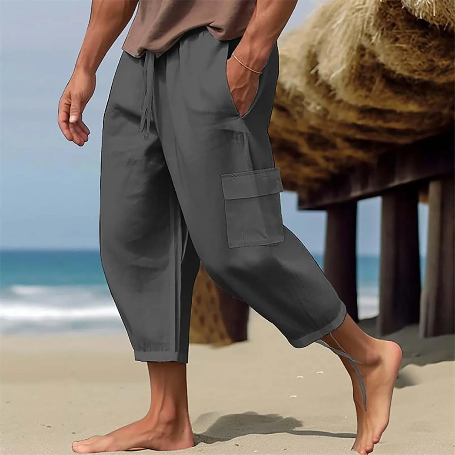Men Work Cargo Pants Men's Linen Hip Hop Multi Pocket Loose Casual Outdoor Daily Elastic Waist Pantalones para Hombre