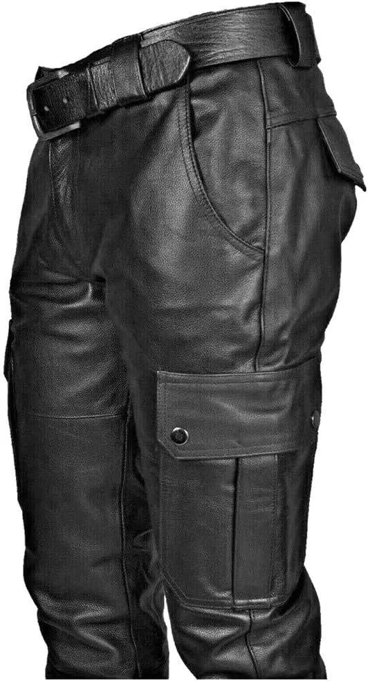 Mens Autumn Winter Black Slim Fit Soft Faux Leather Cargo Pants Work Clothes Joggers Hiking Trousers with Pockets