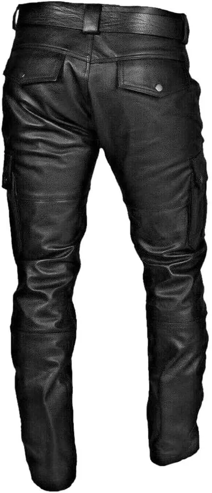 Mens Autumn Winter Black Slim Fit Soft Faux Leather Cargo Pants Work Clothes Joggers Hiking Trousers with Pockets
