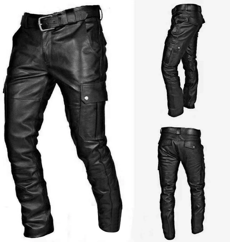 Mens Autumn Winter Black Slim Fit Soft Faux Leather Cargo Pants Work Clothes Joggers Hiking Trousers with Pockets