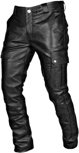 Mens Autumn Winter Black Slim Fit Soft Faux Leather Cargo Pants Work Clothes Joggers Hiking Trousers with Pockets