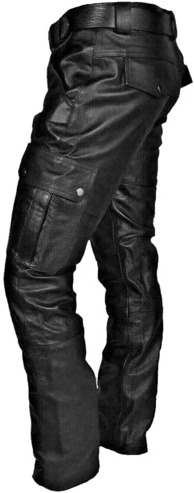 Mens Autumn Winter Black Slim Fit Soft Faux Leather Cargo Pants Work Clothes Joggers Hiking Trousers with Pockets